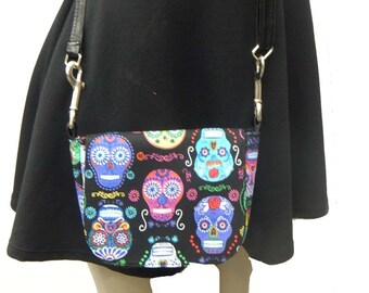 USA Handmade Fanny Pack Style With " Decolores Sugar Skulls " Gothic Pattern Shoulder Bag Handbag Purse, Blue ,  2 STYLES IN 1 , Cotton, New