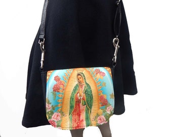 USA Handmade Fanny Pack Style With " Virgin Mary"  Pattern Shoulder Bag Handbag Purse, Blue ,  2 STYLES IN 1 , Cotton, New