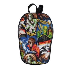 US handmade Coffin Backpack Crossbody HandBag with &quot;MONSTERS Horror Movies&quot; Pattern Cotton Fabric