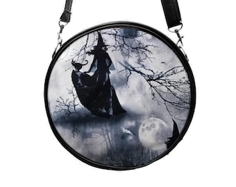 US HANDMADE Small Circle Handbag Shoulder Bag Style with "Spooky Witches" Pattern, Rare, New