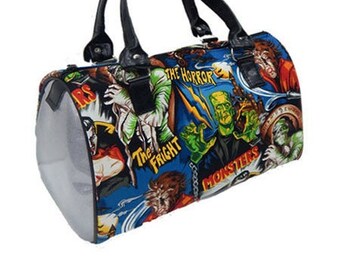 US Handmade Handbag Doctor Bag with "Monsters Silver" Shiny Fabric, Satchel Style, Cotton Fabric, New