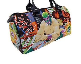 US Handmade Handbag Doctor Bag with "Super Lucha Libre Mexican Superstar" Pattern Satchel Style, Cotton Fabric, New