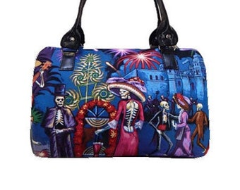US Handmade Handbag Doctor Bag with "La Parranda" Pattern Satchel Style Pattern, Cotton Fabric, New