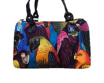 US Handmade Handbag Doctor Bag with "Birds Of A Feather" Pattern Satchel Style, Cotton Fabric, New