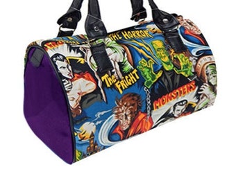 US HANDMADE Handbag Doctor Bag with  "Monsters" Purple Shiny Fabric, Satchel Style,  Cotton Fabric, New