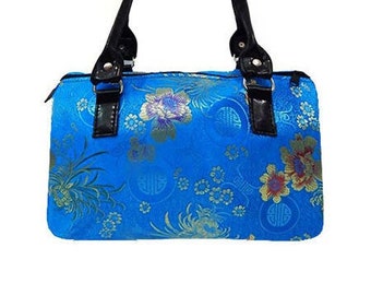 USA Handmade Handbag Doctor bag Satchel Style "Blue Print Flowers" Pattern Bag Purse, Blue Color,New, Rare