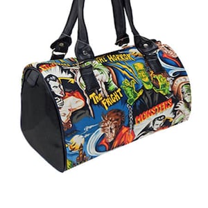 Sac à main américain Sac Doctor avec « MONSTER » Brillant Noir Côté Motif Satchel Style, Tissu coton, Nouveau