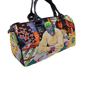 Us Handmade Handbag Doctor Bag with « Super Lucha Libre Mexican Superstar » Pattern Satchel Style, Cotton Fabric, Nouveau