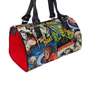 US HANDMADE Sac à main Doctor Bag avec « Monsters » Tissu rouge brillant, style cartable, tissu en coton, nouveau