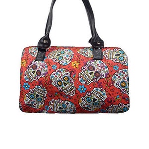 US Handmade Handbag Doctor Bag with &quot;Folkloric Sugar Skulls&quot; Pattern Satchel Style, Cotton Fabric, New