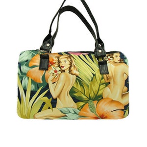 US Handmade Handbag Doctor Bag with &quot;Mirage Pin-Up Girls&quot; 50&#39; s Pattern Satchel Style, Cotton Fabric, New