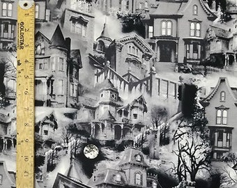 WICKED HAUNTED HOUSES Pattern Cotton Fabric 18" X 44" -  New and Rare  half a yard