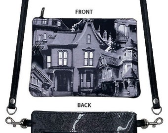 US HANDMADE Handbag Cellphone Case with "Wicked HAUNTED Houses" Shiny Black Back Pattern  Shoulder Bag Purse New
