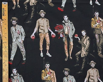 May include: A black and white fabric with a repeating pattern of people wearing different outfits and holding red apples. The people are all in various poses and expressions. The fabric is a great choice for a variety of sewing projects.