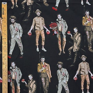 May include: A black and white fabric with a repeating pattern of people wearing different outfits and holding red apples. The people are all in various poses and expressions. The fabric is a great choice for a variety of sewing projects.