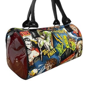 HANDGEMACHTe Handtasche Doktortasche mit "MONSTER" Glänzendes Burgunder Side Pattern Satchel Style, Baumwollstoff, Neu