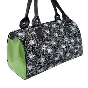 US Handmade Handbag Doctor Bag with &quot;SPIDERWEB GLOW&quot; Shiny Green Side Pattern Satchel Style, Cotton Fabric, New