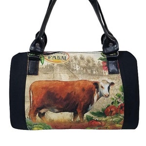US Handmade Handbag Doctor Bag with &quot;COW&quot; Shiny Black Side Pattern Satchel Style, Cotton Fabric, New