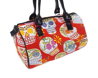 US Handmade Handbag Doctor Bag with "Sugar Skulls" Day of The Dead Skeleton Pattern Satchel Style Pattern, Cotton Fabric, New