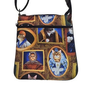 US HANDMADE Handbag Crossover Body Bag with "Cats Museum" Cats Pattern Shoulder Bag Handbag Purse, New