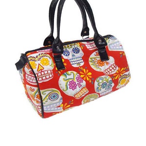 US Handmade Handbag Doctor Bag with "Sugar Skulls" Day of The Dead Skeleton Pattern Satchel Style Pattern, Cotton Fabric, New