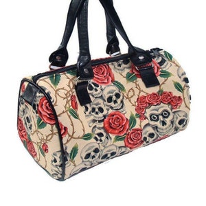 US Handmade Handbag Doctor Bag with "Skulls Rose Tattoo" Day of The Dead Pattern Satchel Style, Cotton Fabric, New