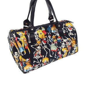 Sac de docteur de sac à main fait main des Etats-Unis avec le « jour du squelette mort de Rockabilly » modèle d’Alexander Henry satchel modèle, tissu de coton, nouveau