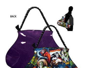 US HANDMADE Handbag Large Doctor Bag with "MONSTER" Shiny Purple Back Pattern, Handbag,  Purse, Braided Strap Handle, New