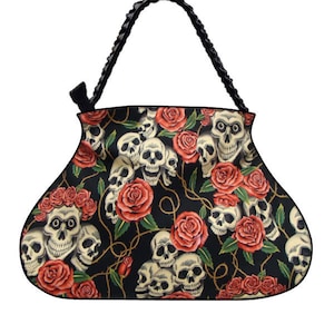 US HANDMADEE Handtasche Große Arzttasche mit &quot;SKULLS Pink Rosen&quot; Gothic Halloween Muster, Handtasche, Geldbörse, geflochtener Riemengriff, neu