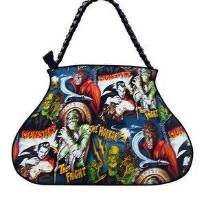 US HANDMADE Handbag Large Doctor Bag with "MONSTER" Gothic Halloween Pattern,BHandbag, Purse, Braided Strap Handle, New