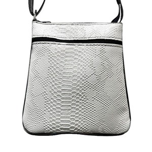 May include: White faux leather crossbody bag with a snakeskin pattern and black trim.