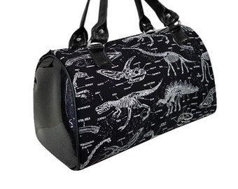 US Handmade Handbag Doctor Bag with "DINOSAURS SKELETON Glow" Shiny Black Side Pattern Satchel Style, Cotton Fabric, New