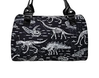 US Handmade Handbag Doctor Bag with "DINOSAURS SKELETON Glow" Full Fabric Pattern Satchel Style, Cotton Fabric, New