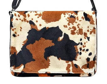 Bolso hecho a mano en EE. UU., funda para portátil pequeña, bolso de hombro estilo con bolso de hombro de tela "ANIMAL Fur Cow 101" con mango ajustable de algodón