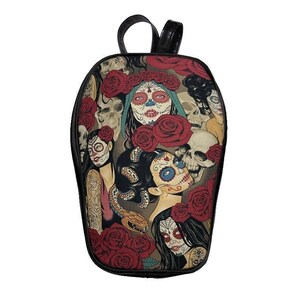 May include: Black backpack with a Day of the Dead design. The backpack features a repeating pattern of sugar skulls, women with painted faces, and red roses. The bag has black straps and a black handle.