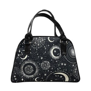 US HANDMADE Handbag Large Bowler Bag Satchel Style avec « MOON and Stars Glow » Pattern Bag Purse, Nouveau