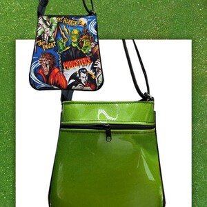 US HANDMADE Handtasche Crossover Body Bag mit "MONSTER" Glänzend Grün Front Muster Schultertasche Handtasche Geldbörse, Neu