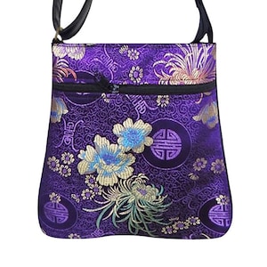 Handmade Crossover Body Bag: Asian Golden Flowers Purple Shoulder Purse
