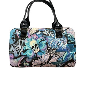 Sac à main us handmade Doctor Bag avec « SKULLS Floral Butterfly » Full Fabric Pattern Satchel Style, Tissu coton, Nouveau