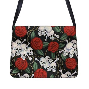Handmade Cotton Messenger Bag: Skulls & Roses Skeleton Pattern