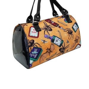 US Handmade Handbag Doctor Bag with &quot;BAD Blood Poison&quot; Shiny Black Side Pattern Satchel Style, Cotton Fabric, New