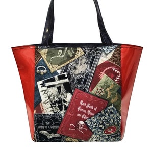 Handmade &quot;Spooky Spell Books&quot; Cotton Tote Bag - Red Shiny Pattern