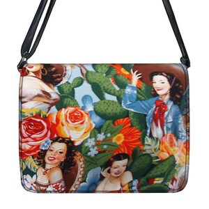 May include: A crossbody bag with a colorful floral and portrait design. The bag features a black strap and a flap closure. The design includes roses, cacti, and portraits of women in a vintage style.