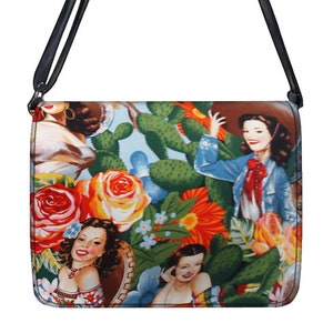 US Handmade Handbag Large Laptop Case Shoulder Bag Style with Senorita Pin Up Calendar Girls Fabric Shoulder Bag with Adjustable Handle image 1