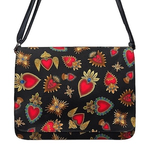 US HANDMADE Handbag Small Laptop Case Shoulder Bag Style with "SACRED Hearts" Fabric Shoulder Bag with Adjustable Handle Cotton