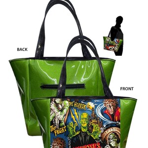 US HANDGEMACHTe Handtasche Shopping Travel Schultertasche mit "MONSTERS" Shiny Green Side Pattern Geldbörse, Baumwolle, Neu