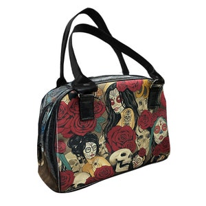 US HANDMADE Handbag Medium Bowler Bag Satchel Style avec « vintage NOCTURNA » Shiny Black Side Fabric Pattern Bag Purse, Nouveau