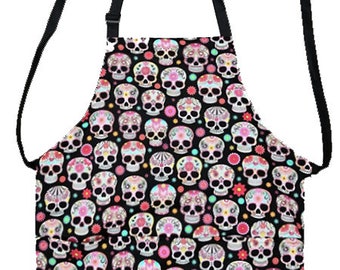 US HANDMADE Apron with "Sugar Skulls" Pattern Cotton Fabric Reversible Apron "2 IN 1 Apron"