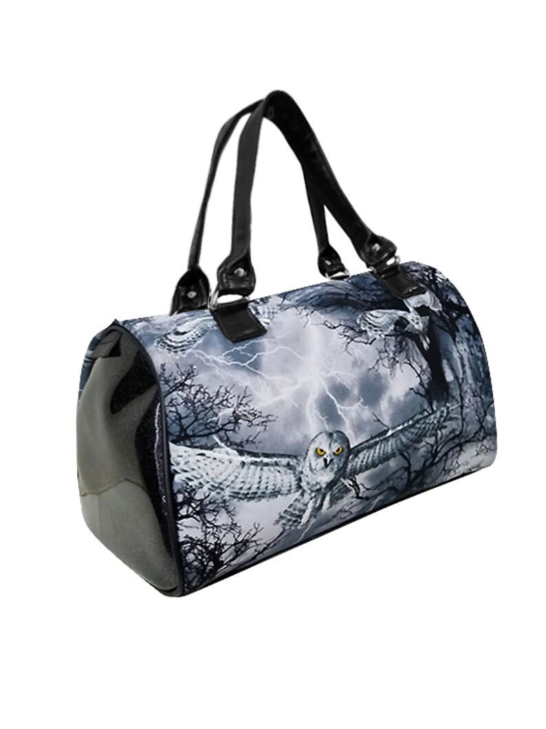 US Handmade Handbag Doctor Bag with "OWLS in Graveyard" Shiny Black Side Pattern Satchel S