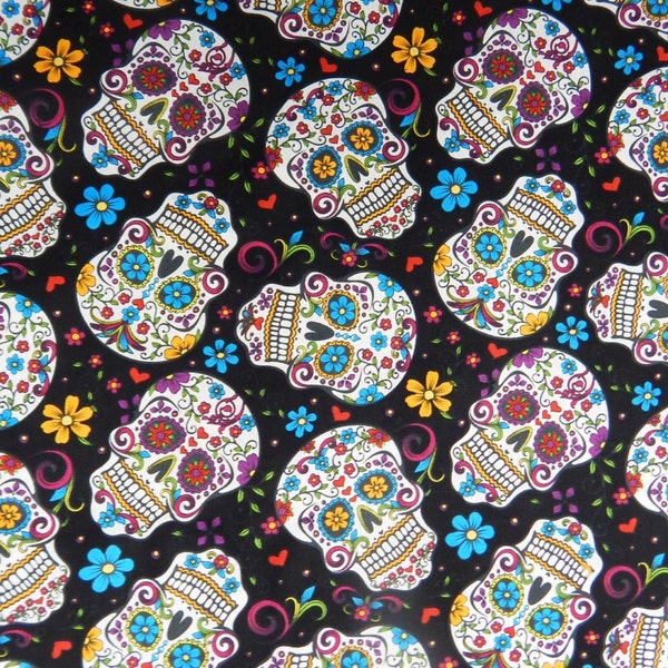 FOLKLORIC SUGAR SKULLS Fabric, Cotton Fabric , 16" X 44", , Black Color, New, Rare